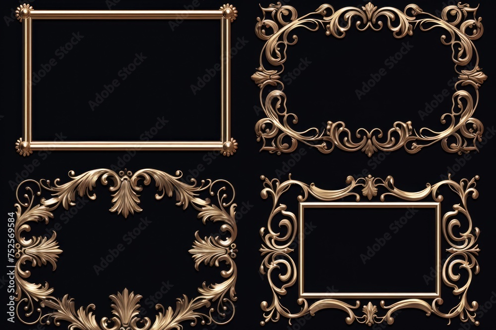 Poster four ornate gold frames displayed against a black background. ideal for elegant and luxurious design