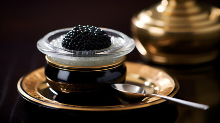 Exuding Opulence with Glorious Display of Glistening Black Caviar in Sophisticated Crystal Container