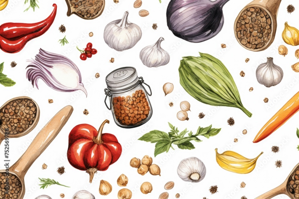 Poster Assortment of various fresh vegetables and spices, suitable for food and cooking concepts