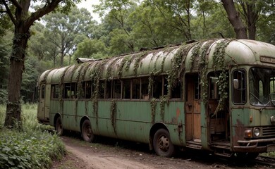 A rusty bus into the jungle. Abandoned place, vines everywhere.
