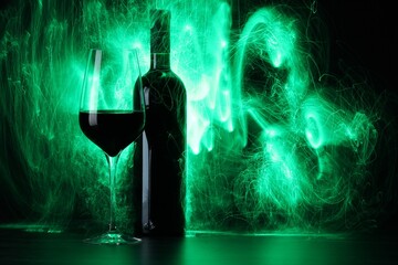 Red wine in glass and bottle in green lights, space for text