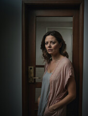 Fototapeta premium The haunting silence of a woman's suffering, hidden behind closed doors describes the emotional turmoil and isolation of domestic abuse.