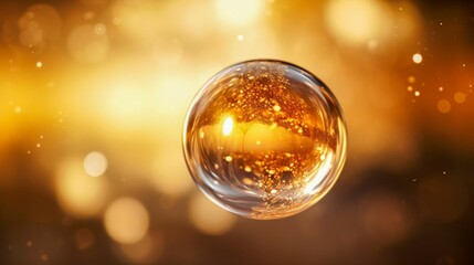 Golden Bubble Floating in a Glittering Light. Generative ai