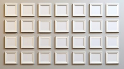 Group of white picture frames on a wall. Perfect for interior design projects