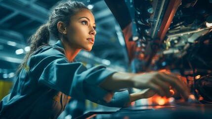 Skilled Female Technician Working at High-Tech Factory. Generative ai