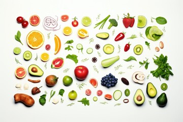 A variety of fruits and vegetables arranged in a square. Suitable for healthy eating concepts