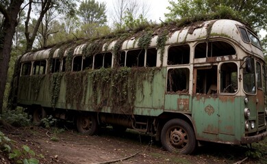 A rusty bus into the jungle. Abandoned place, vines everywhere.