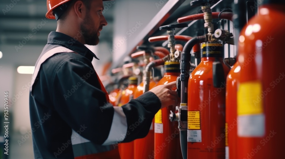 Aufkleber a man in a hard hat standing next to a row of fire extinguishers. suitable for safety and constructi
