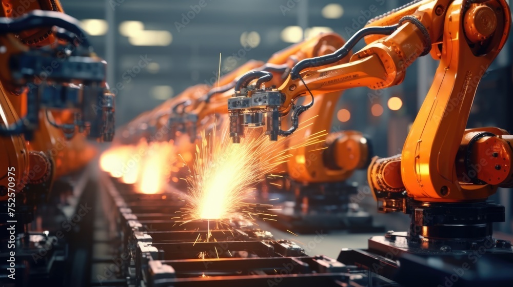 Aufkleber A group of robots working on a piece of metal. Suitable for technology and automation concepts