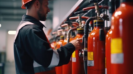 A man in a hard hat standing next to a row of fire extinguishers. Suitable for safety and construction concepts
