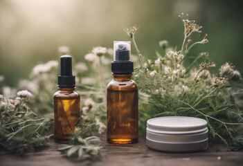 Natural Cosmetics set Organic products and wild herbs and flowers next to the two blank brown bottles on white table