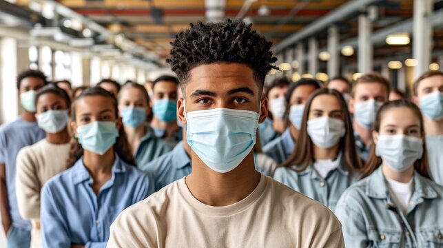 A Diverse Group Of People In A Range Of Ages, Wearing Protective Face Masks During A Global Pandemic