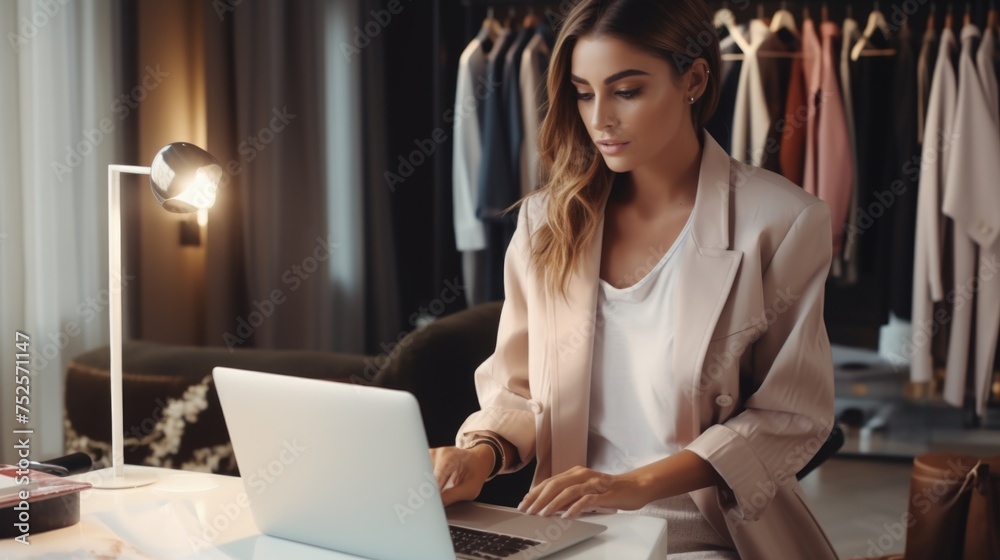 Poster woman sitting at a desk using a laptop computer. perfect for technology or remote work concepts