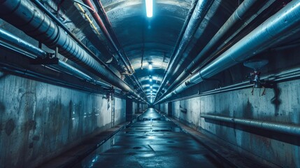 Underground Tunnel with Pipes and Lights. Generative ai - obrazy, fototapety, plakaty