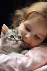 A sweet moment of a girl cuddling a kitten on a bed. Ideal for pet lovers and family themes