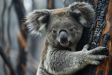 Koala in a burnt forest. Forest fires, animal rescue, natural disasters, drought.