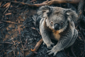 Koala in a burnt forest. Forest fires, animal rescue, natural disasters, drought.