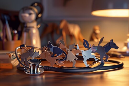 An elegant, close-up image of a veterinary stethoscope intertwined with a delicate chain of paper animals, including dogs, cats, birds, and horses, to celebrate World Veterinary Day.