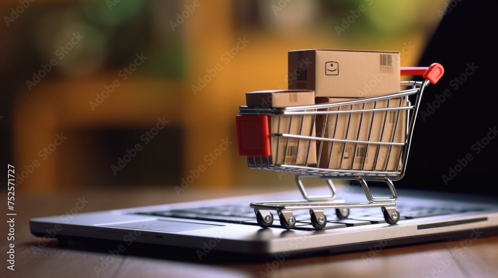 Poster a shopping cart placed on top of a laptop. ideal for illustrating online shopping concepts