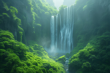 A tall waterfall plunging into a lush green valley, a natural wonder. Generative Ai. - Powered by Adobe
