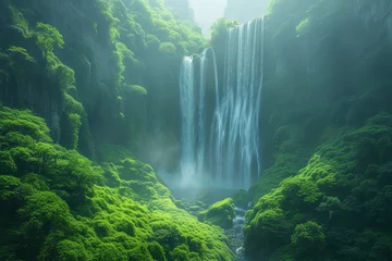 Outdoor kussens A tall waterfall plunging into a lush green valley, a natural wonder. Generative Ai. © Sebastian