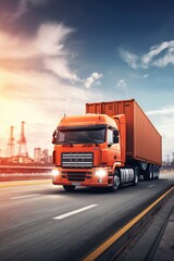 A vibrant orange semi truck driving on a highway. Perfect for transportation and logistics concepts