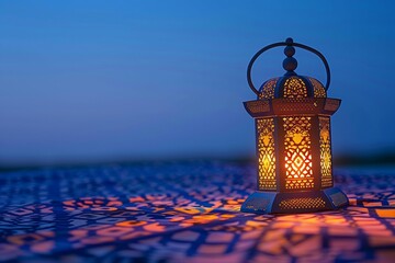 An elegant, ornate lantern casting a warm, inviting glow on a traditional Islamic geometric patterned tablecloth, symbolizing the light and guidance of Eid ul Fitr. - obrazy, fototapety, plakaty