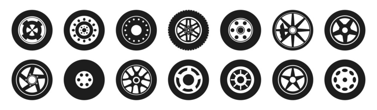 Car wheels isolated black set icon. Automobile tire silhouettes racing vehicle wheels vector pictures