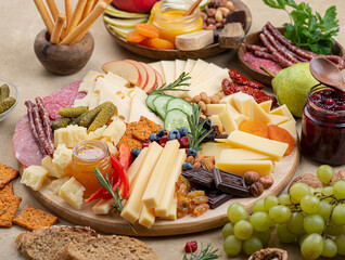 Cheese plate with many different snacks. Fruits, berries, crackers, honey, jam lie on the board.