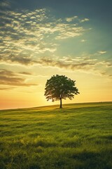 Obraz premium A solitary tree standing in a grassy field at sunset. Ideal for nature and landscape backgrounds