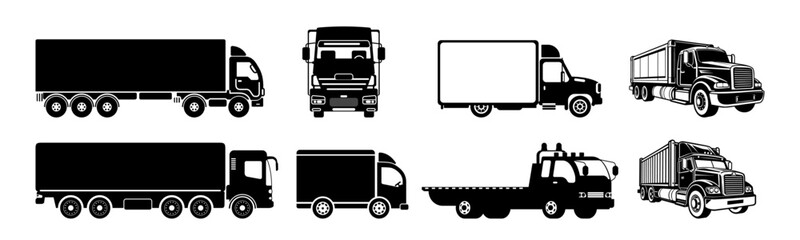 Cargo truck and van icon. large set of simple vehicle silhouettes