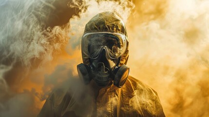 An intense portrait of an individual in a hazmat suit engulfed by ominous smoke, suggesting danger and protection themes