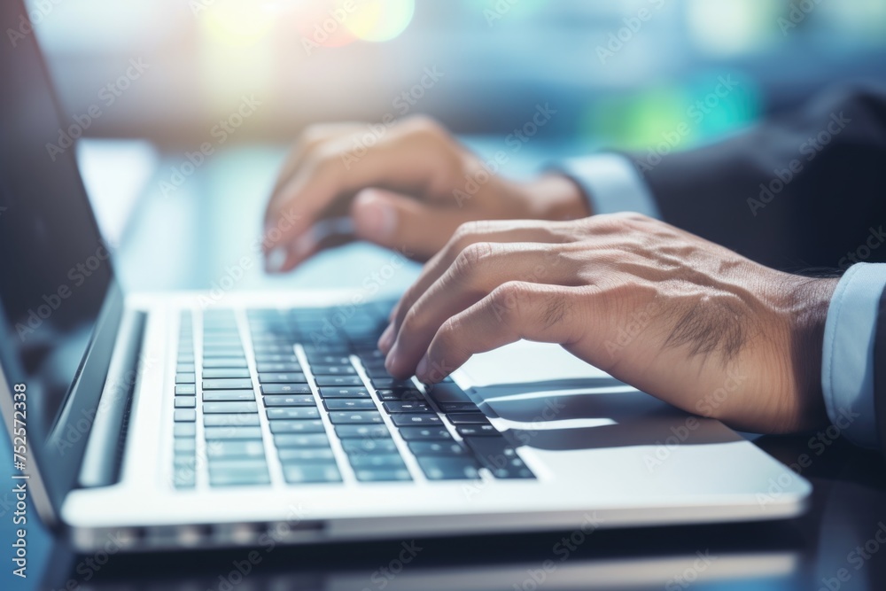 Poster close up of a person typing on a laptop, suitable for technology concepts