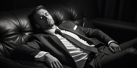 Fototapeta na wymiar A man in a suit taking a nap on a couch. Suitable for business or relaxation concepts