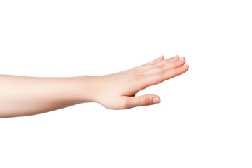 Person holding out hand against plain white backdrop. Suitable for various concepts and designs