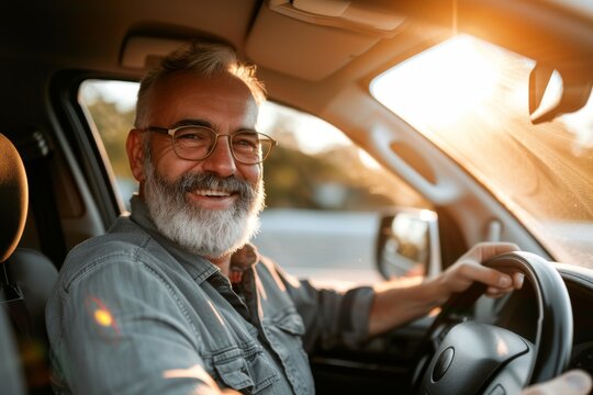Happy mature man driving car for work or travel symbolizing cars and hobbies