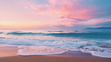 Fototapeta na wymiar Beautiful beach with waves under a pink sky, perfect for summer vacation concepts