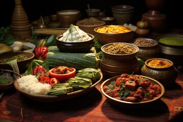 A table filled with a diverse selection of food items. Great for food blogs or restaurant menus