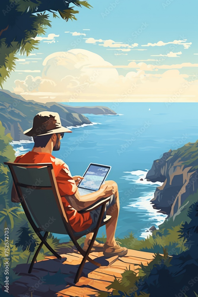 Poster a man sitting in a chair looking at a laptop. suitable for technology and business concepts