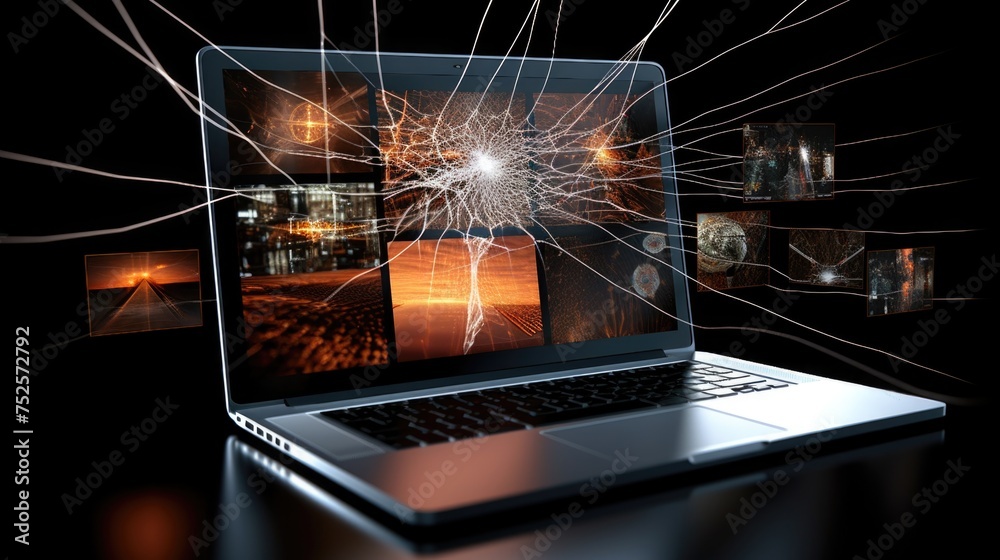 Poster a broken laptop screen on a table, suitable for illustrating technology issues
