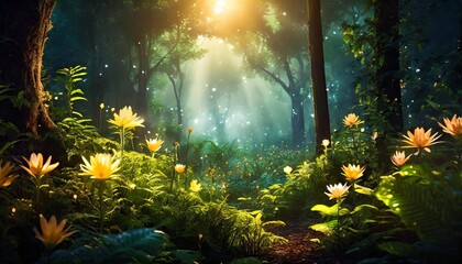 Generated image of mystical forest scene with glowing flora and ethereal light, inspired by mythology