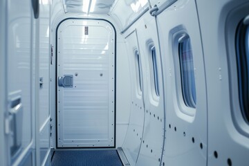 Interior of a passenger airplane including the entrance flight attendant seat and emergency exit
