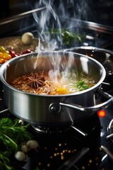 A pot of food cooking on a stove, ideal for kitchen concepts