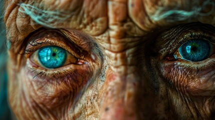 This compelling image captures the stark detail and the vibrant blue irises of an elderly person's eyes, evoking a sense of wisdom and experience - obrazy, fototapety, plakaty
