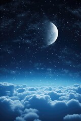A serene night sky with fluffy clouds and a half moon. Perfect for backgrounds or night-themed designs
