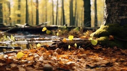 Moss covered tree in a forest next to a stream. Suitable for nature and environment themes