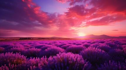 Naklejka premium Landscape of blooming lavender flowers with sunset background