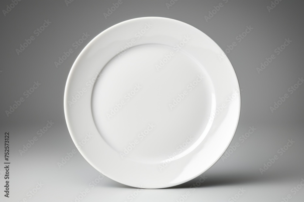 Poster a simple white plate on a table, suitable for various food and dining concepts