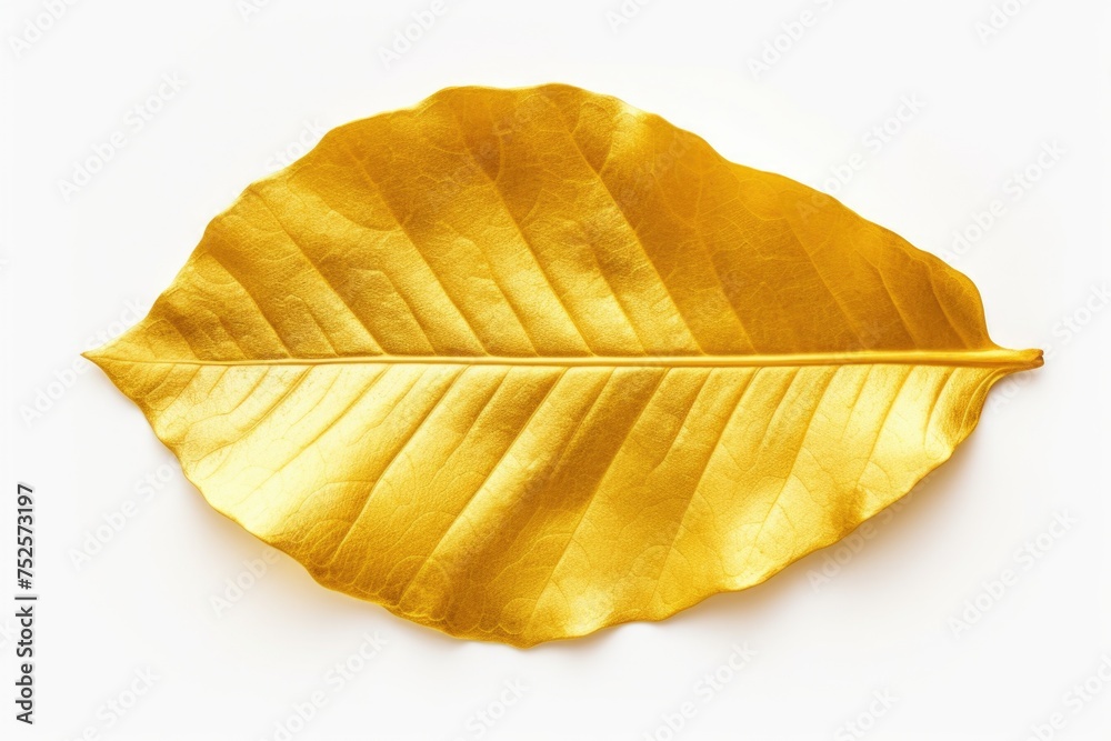 Poster a single gold leaf on a plain white background. suitable for luxury and minimalist concepts