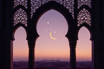 The golden crescent moon and a single star seen through the silhouette of a delicately arched window, marking the eve of Eid ul Fitr. - obrazy, fototapety, plakaty